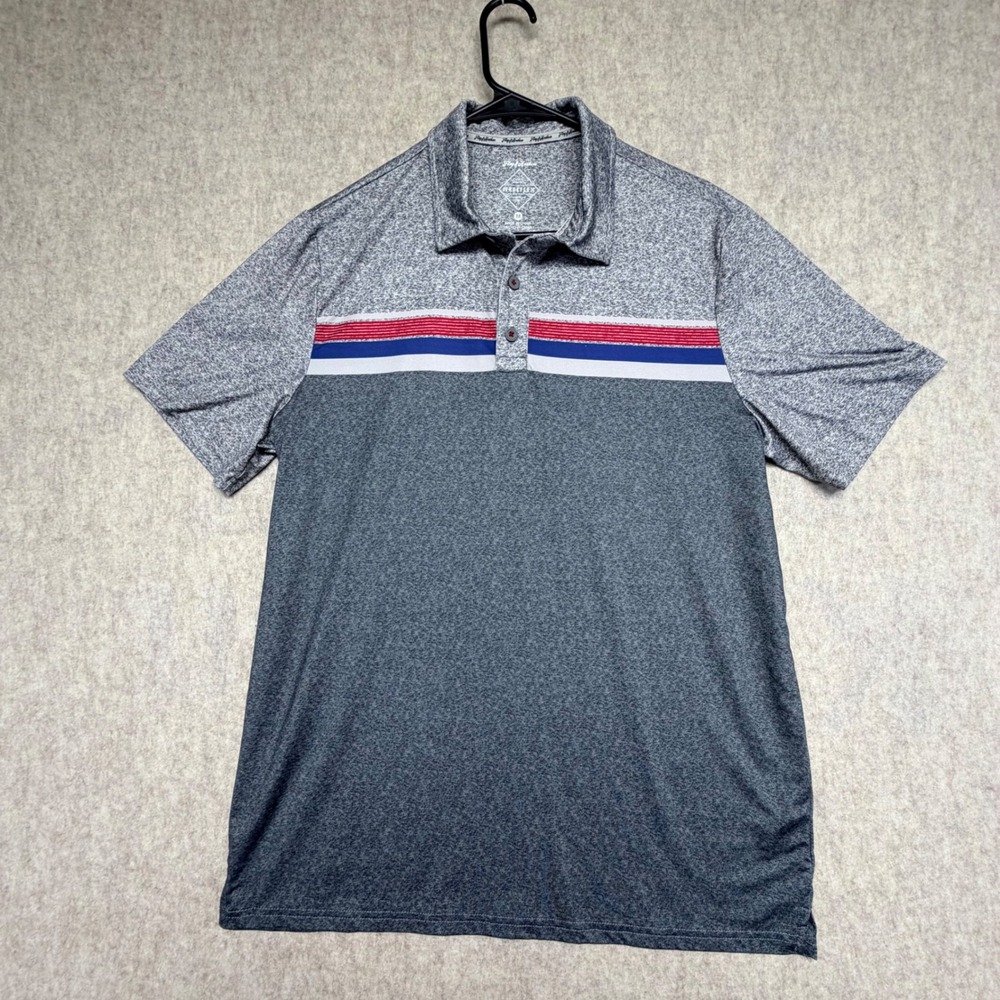 Flag & Anthem Madeflex Polo Mens Medium Gray Striped Performance Golf Shirt Soft